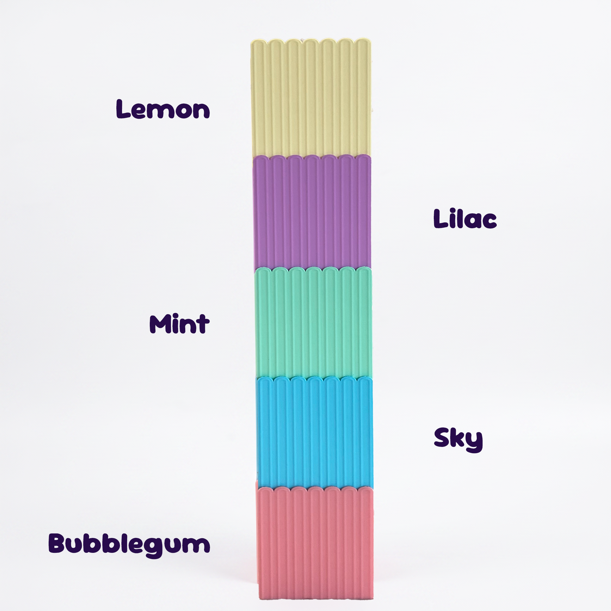 A vertical tower of pen holders showcasing their colours
